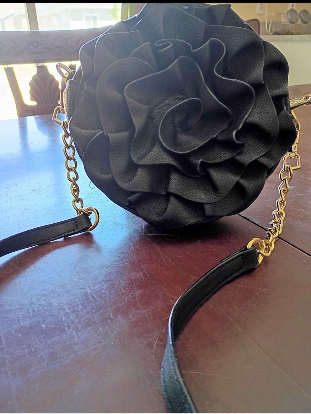 Betsey Johnson Black Floral Rosette Crossbody with Gold Chain